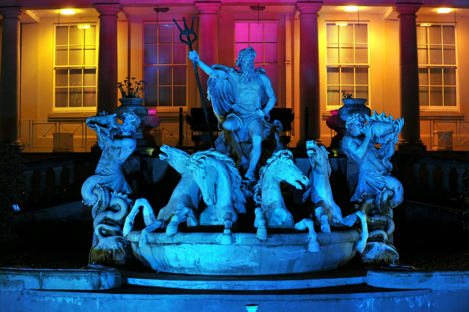 Illuminated Neptune's Fountain during Light Up Cheltenham 2019